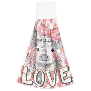 Imagem de Joitme Cute Highland Cow Love Toalhas de cozinha de mão com laço para pendurar toalhas de chá de forno absorventes macias conjunto de 2, decoração de cozinha moderna 18,2 x 14 polegadas