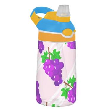 Imagem de Garrafa de água esportiva infantil de 473 ml com tampa de palha, garrafa de água Tritan reutilizável de 473 ml, copo infantil portátil à prova de vazamento, alça de transporte, desenho animado de uvas