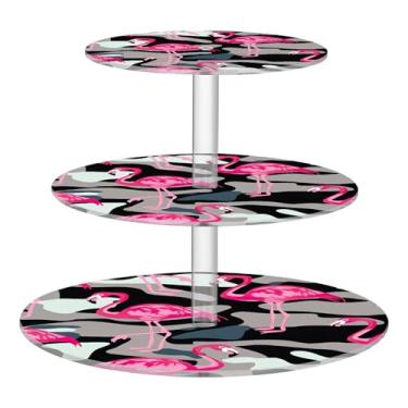 Imagem de Flamingos rosa preto chá festa cupcake suporte 3 camadas redondo acrílico exibição torre decoração de mesa sobremesa chá festa servir comida animal impressão aniversário casamento