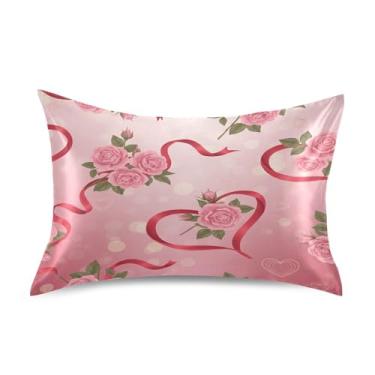 Imagem de Blueangle Fronha de cetim refrescante para cabelo e pele, fronha rosa dos namorados, tamanho padrão 51 x 66 cm com fecho de envelope (874)