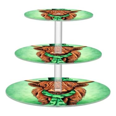 Imagem de Suporte de cupcake de 3 camadas para festa St Highland Cow Green Cup Cake Tower Display acrílico decoração de mesa de aniversário sobremesa chá servir cupcakes
