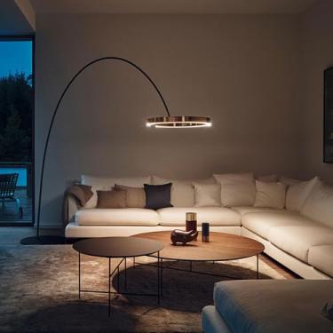 Imagem de Luminária de chão arqueada em metal com LED, estilo nórdico minimalista, dimerizável, para leitura na sala de estar, com altura ajustável, interruptor de pé, base de mármore, 3000-6000K, dou