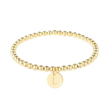Imagem de Pulseira com inicial para mulheres, pulseira de ouro delicada fofa com pingente de letra A a Z, pulseira de disco, moderna, joias simples, pulseira de ouro com contas personalizadas, 26 presentes de