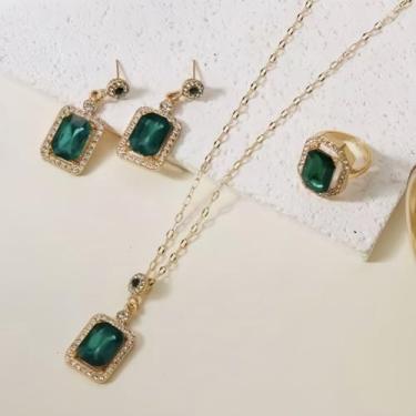 Imagem de Elegante conjunto de joias de 3 peças para mulheres, conjunto de colar com pingente de pedra preciosa verde banhado a ouro, conjunto de anéis e brincos