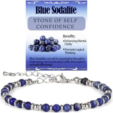 Imagem de LPBeads Pulseiras femininas com contas de energia e pedras preciosas, pulseira ajustável, presentes para mãe, filha, esposa, amigas, melhores amigas, 4mm Silver, Aço inoxidável Sodalita azul Aço