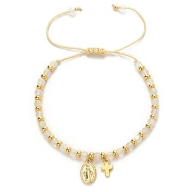 Imagem de Glowave Pulseira de cruz para mulheres, pulseira cristã de pedra natural ajustável, joia estilo rosário católico, presente religioso para mãe, irmã e amiga