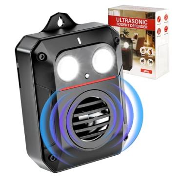 Imagem de Repelente ultrassônico de roedores para motores de carros, repelente de mouse sônico com lanterna e sensor, à prova d'água operado por bateria para carros, contra rato, esquilo, gambá, morcego, gatos