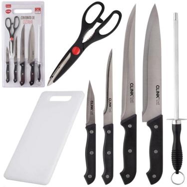 Imagem de Kit Facas Tabua Tesoura Chaira De Inox Cabo Plastico 7 Pc