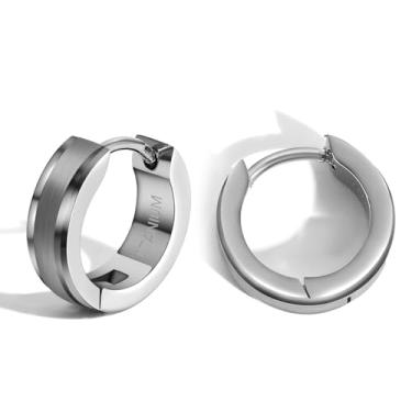 Imagem de TGNEL Brincos de argola masculinos pequenos de titânio para orelhas sensíveis, brincos de argola de titânio escovado modernos prateados para homens
