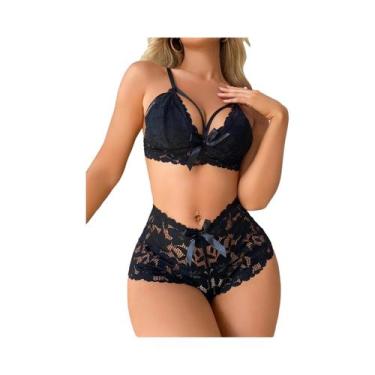Imagem de Conjunto De Pijamas De Renda Floral Feminina Transparente Babydoll Cur