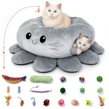Imagem de Viefin Cama de túnel para gatos internos, cama de caverna para gatos Peekaboo, túnel de donut macio para gatos grandes, lindo polvo cinza em forma de G