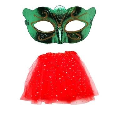 Imagem de Kit Fantasia de Carnaval Máscara Verde Saia Tule Vermelha