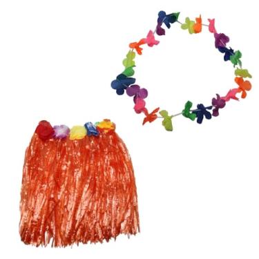 Imagem de Kit Fantasia de Carnaval Colar Saia Tropical 40Cm Laranja