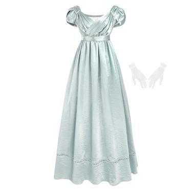 Imagem de LTAKK Regency Dress Vestido feminino Regency com cintura império vestido vitoriano para festa de chá com luvas, Azul, GG
