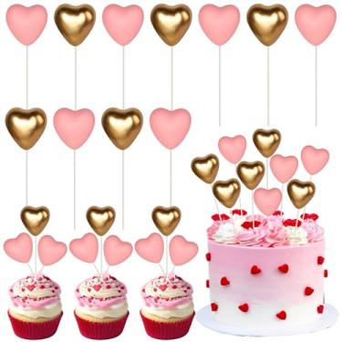 Imagem de Rsstarxi Pacote com 18 topos de cupcake feliz dia dos namorados rosa doce coração bolas de balão dourado palhetas de cupcake para aniversário de casamento, aniversário, dia dos namorados, decoração de