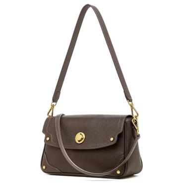 Imagem de MFFOR Bolsa de ombro feminina, bolsa transversal de couro legítimo, bolsa pequena Hobo, bolsa de mão com 2 alças destacáveis, Chocolate