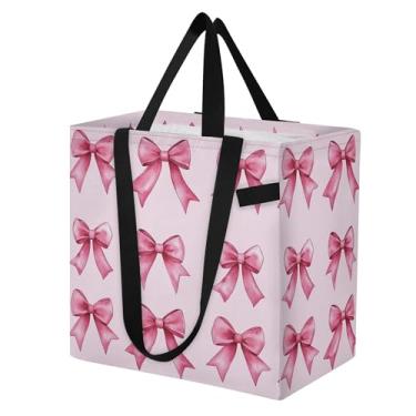 Imagem de SEHANY Sacolas de compras reutilizáveis com laço rosa fofo com alças reforçadas, bolsa de compras de lona dobrável à prova d'água de grande capacidade para viagem, cozinha, praia