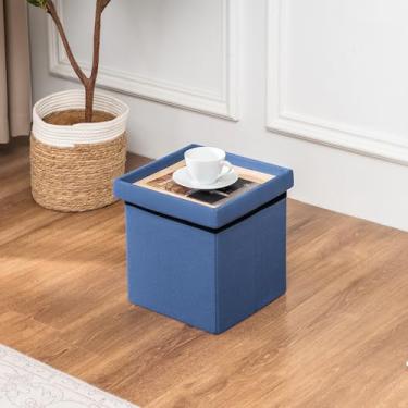 Imagem de Asense Banqueta de armazenamento pequena, dobrável com tampa de bandeja reversível, banqueta quadrada para descanso de pés com assento acolchoado, para sala de estar e quarto, 29 x 29 x 29 cm, azul