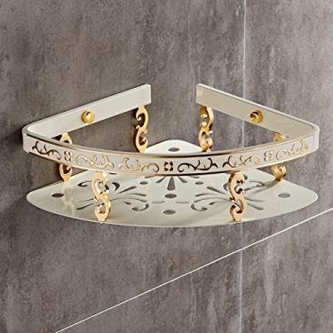 Imagem de Prateleiras de banheiro de canto, prateleiras de banheiro triangulares de alumínio esculpido, artigos de mão de cesta montados na parede, acessórios de banheiro, organizador de chuveiro preto dourado