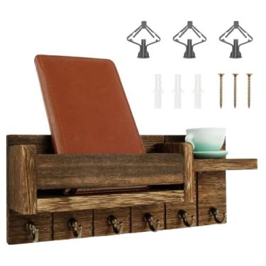 Imagem de MABCIRY Porta-chaves para parede, organizador de correio de madeira com 6 ganchos, suporte decorativo para chaves de parede, 3 áreas de função cabide para chave com prateleira para sala de estar