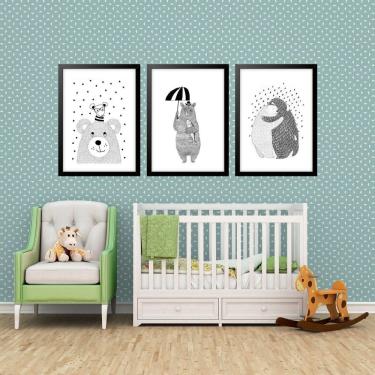 Imagem de Kit 3 Quadros Grandes Quarto Infantil Ursinhos 60X48Cm