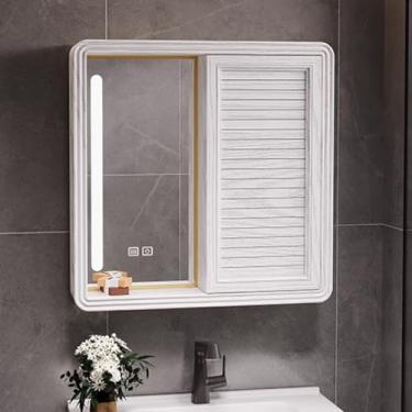 Imagem de Armário de remédios inteligente de LED com interruptor de toque, armazenamento de banheiro montado na parede de alumínio, recurso anti-neblina, espelho moderno iluminado por LED, porta deslizante e