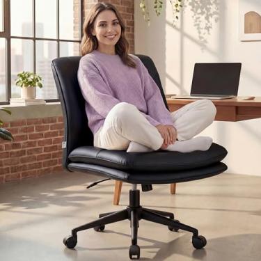 Imagem de NYPOT Cadeira de mesa sem braços com rodas para sentar em cruz - Cadeira larga sem braços com pernas cruzadas - banqueta giratória de 360° ajustável e assento largo de balanço de 120° confortável para