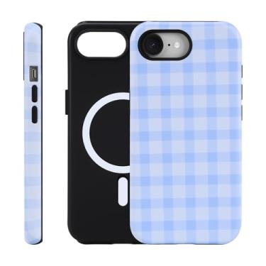 Imagem de Fourmor Capa para iPhone 16e - Carregamento sem fio para MagSafe, 2 camadas (capa externa rígida de policarbonato + capa interna de TPU macio), capa à prova de choque, padrão xadrez azul e branco