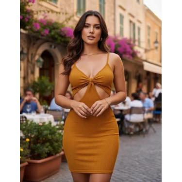 Imagem de Vestido Curto Canelado Decote Recorte Lateral - Tribo moda, Caramelo, 