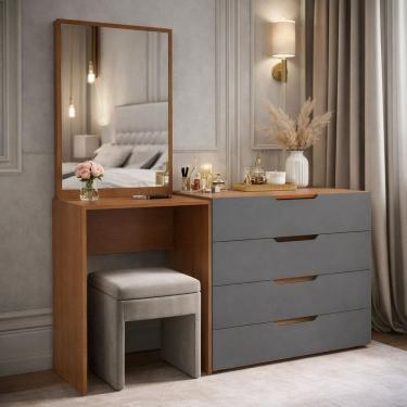 Imagem de Cômoda Penteadeira 4 Gavetas Madrid Cinza/Freijó