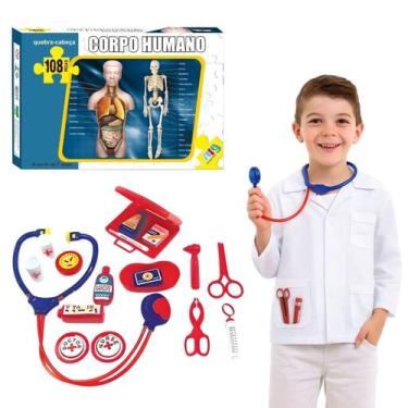 Imagem de Quebra Cabeça Corpo Humano 108 Peças e Kit Médico Infantil Completo Me