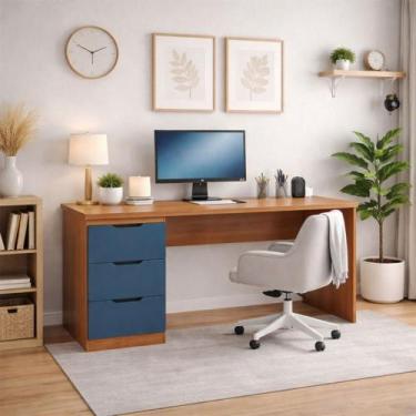 Imagem de Mesa para Escritório Madri 3 Gavetas Azul/Freijó - Politorno, Azul Esc