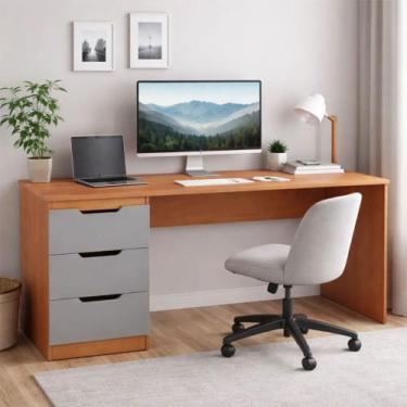 Imagem de Mesa para Escritório Madri 3 Gavetas Cinza/Freijó - Politorno, Cinza E