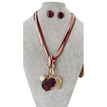 Imagem de Colar feminino fio resina pedras cristais kit brinco luxo - MLBpel, Vi