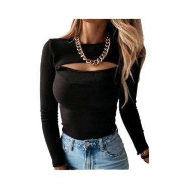 Imagem de Camiseta Feminina Slim Fit De Manga Longa Em Tricô Com Recortes Vazado