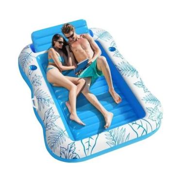 Imagem de Colchão Inflável Duplo Extra Grande Azul E Branco 214x145cm Para Relax