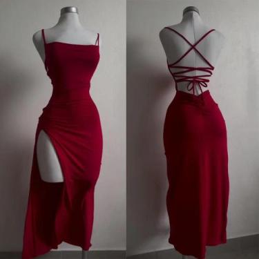 Imagem de Vestido Longo Bodycon Sem Costas Com Renda E Fenda Para Mulheres - Sex