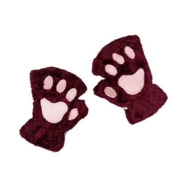 Imagem de Luvas De Inverno Sem Dedos De Pelúcia Fofas Com Pata De Gato E Urso Pa