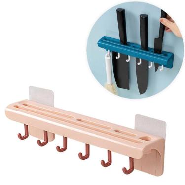 Imagem de Suporte De Cozinha Porta Talheres Facas Faqueiro 6 Ganchos Cinza
