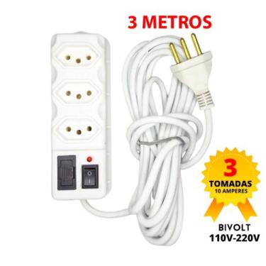 Imagem de Filtro de Linha Branco 3, 4, 5 e 6 Tomadas Régua Elétrica 3 e 5 METROS