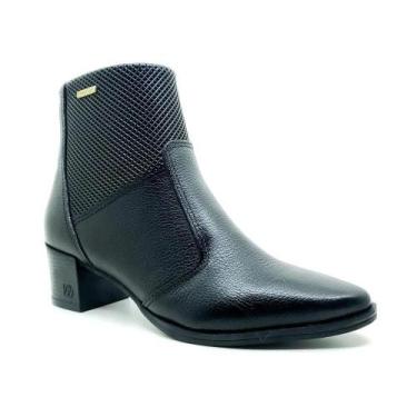 Imagem de Bota Feminina Pegada Couro Forrada Bico Fino Salto Bloco, 35, Preto