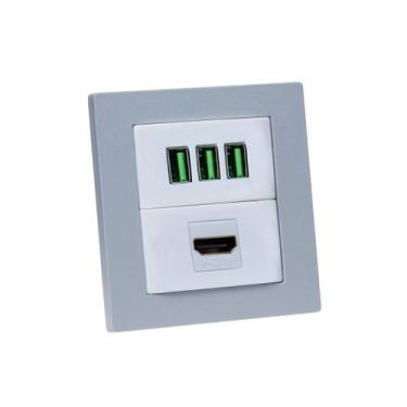 Imagem de Espelho Duplo Reto 3 USB 5.2A 1 HDMI - CONNECT CAIXA TOMADA, Cinza