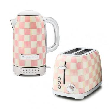 Imagem de Conjunto chaleira elétrica e torradeira 2 fatias MacKenzie-Childs Rosy Check rosa e branca inox 110V