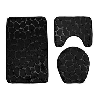 Imagem de 3 pçs/conjunto de tapete de banho para banheiro tapete antiderrapante de seixos tapetes higiênicos capa de banheiro almofada de pés tapetes absorventes para banheiro decoração, preto