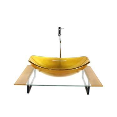 Imagem de KIT CUBA DE VIDRO OVAL CHANFRADA COM TAMPO 60CM DOURADO REAL E SUPORTE PRETO