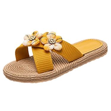 Imagem de Sandálias femininas chinelos de flor floral plana chinelos de praia floral chinelos de praia chinelos de moda chinelos de dedo aberto plano, Amarelo, 10