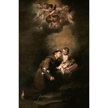 Imagem de Santo Antônio de Pádua e o Menino Jesus Anjos Religião Pintura de Bartolomé Esteban Murillo na Tela em Vários Tamanhos (55 cm X 36 cm tamanho da imagem)