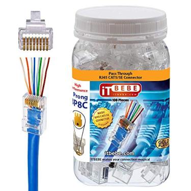Imagem de ITBEBE Conector RJ45 Cat5 Cat5e banhado a ouro 100 peças de passagem final por itbebe (Cat5/5e 100 peças)