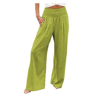 Imagem de Bestgift Calça feminina de algodão e linho plus size com perna larga e cintura elástica, Verde, G