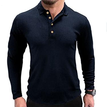 Imagem de NJNJGO Camisetas masculinas com nervuras musculares stretch slim fit manga longa treino camisas polo, Azul marino, M